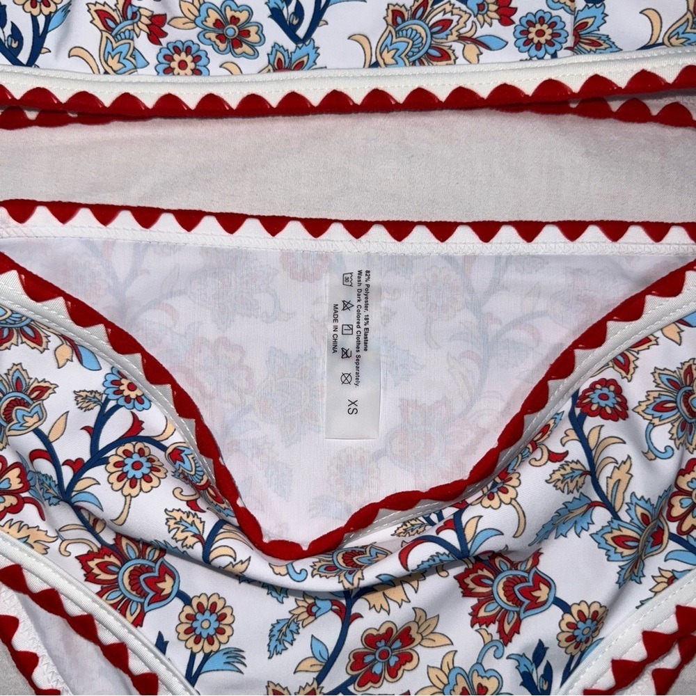 Floral Paisley Ric-Rac Trim High Waisted Bikini Set XS Red White Blue Swimsuit - Picture 4 of 8
